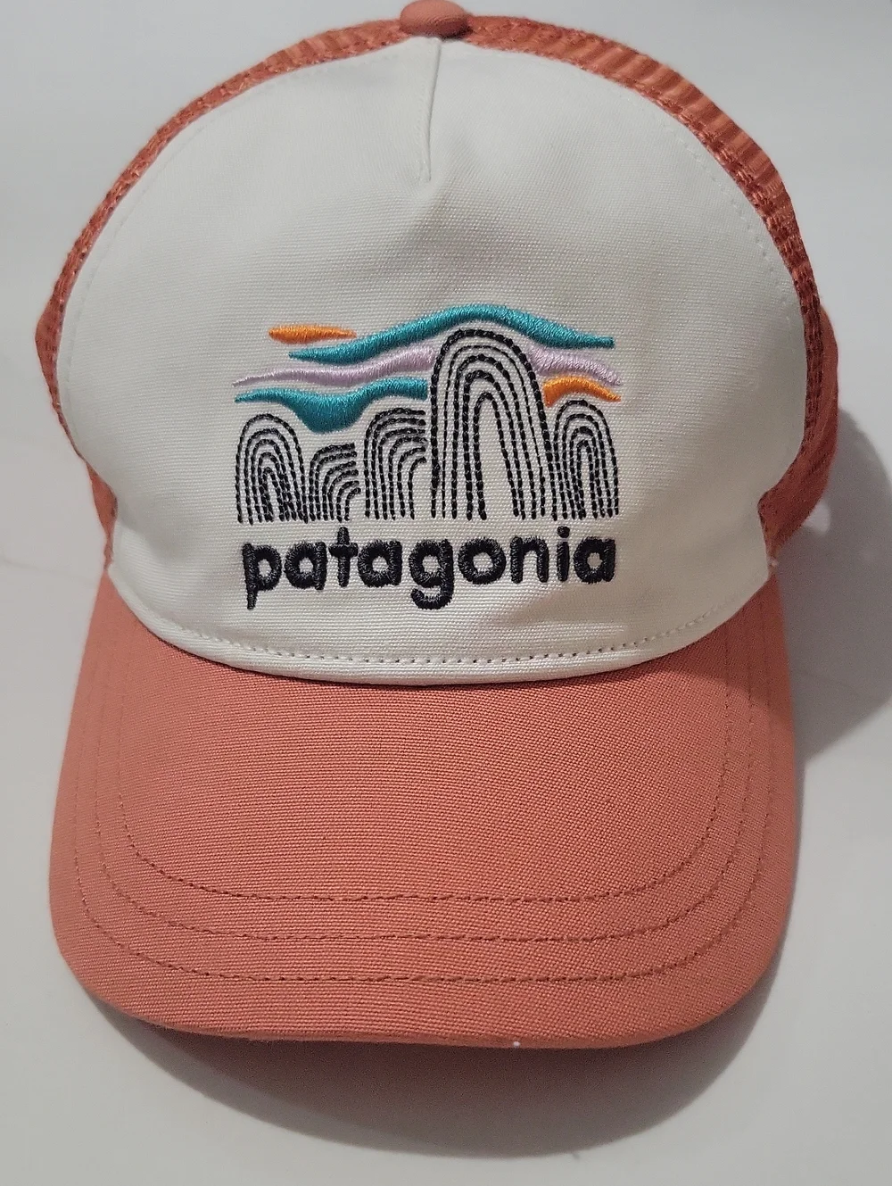 Patagonia White and Coral Embroidered Logo Trucker Hat